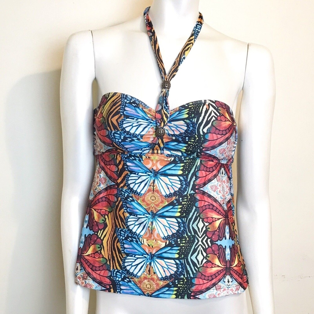 Becca Halter Swim Top Tankini 4 Multicolor Butterfly Print Boho Fairy Cottage